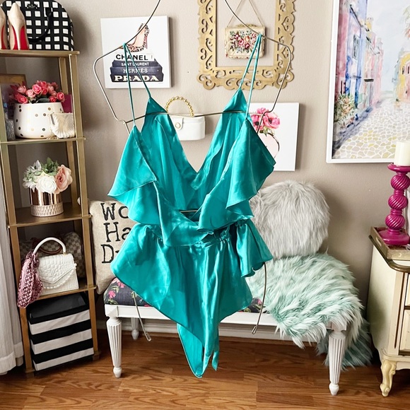 Vintage Victoria's Secret teal satin ruffle cinched waist bodysuit size medium - Picture 4 of 16